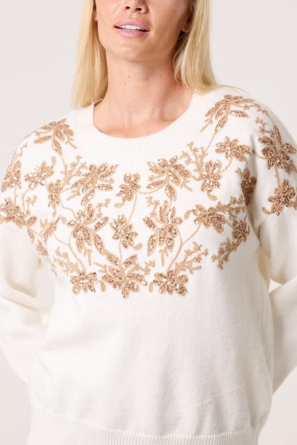 Qed London Gold Embellished & Embroidered Floral Jumper