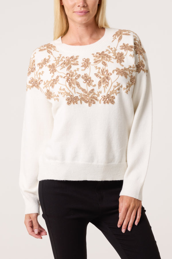 qed london Gold Embellished & Embroidered Floral Jumper