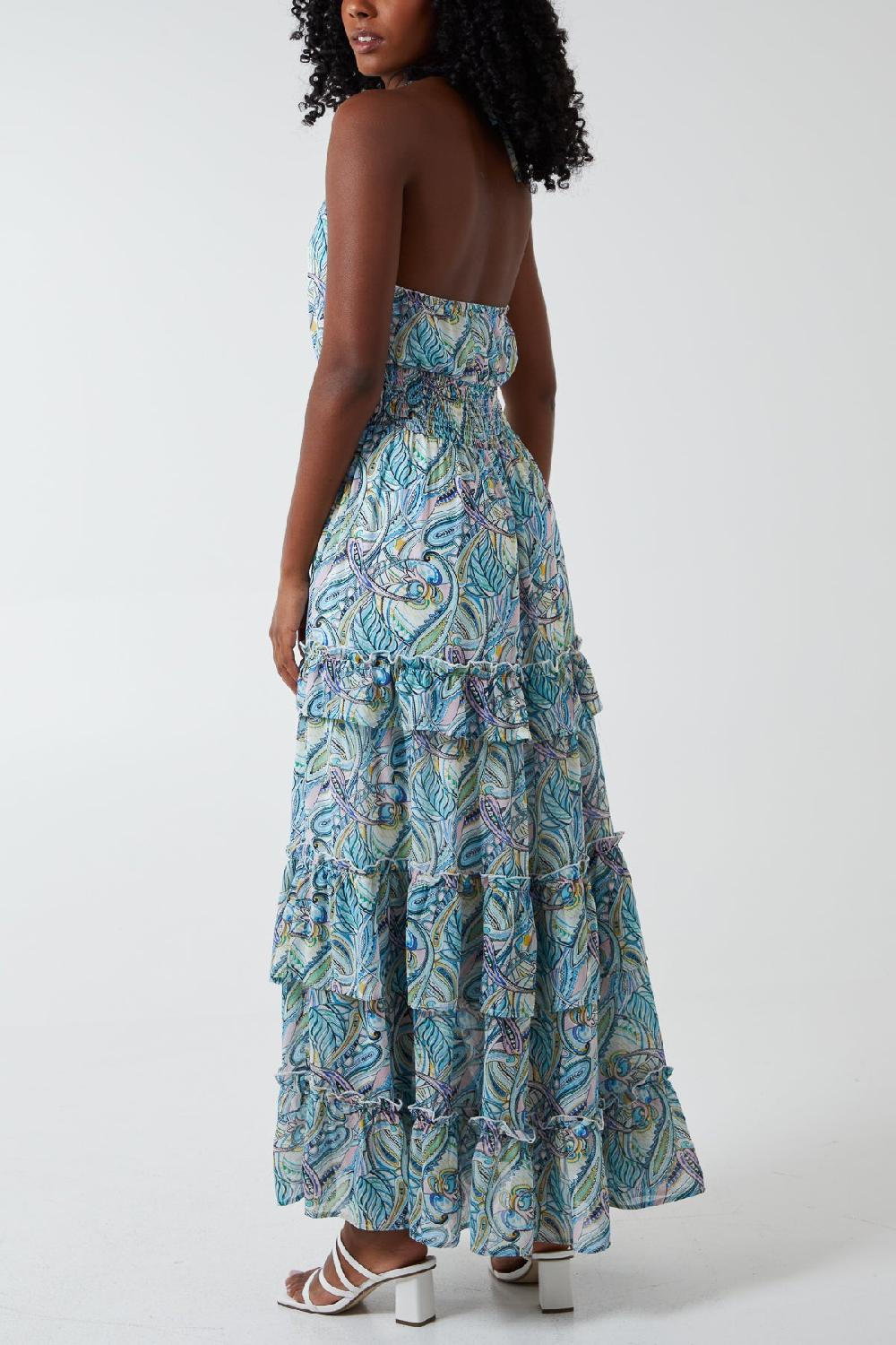 Qed London Halter Neck Ruffle Paisley Print Maxi Dress