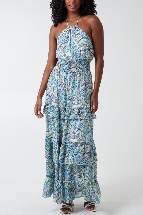 qed london Halter Neck Ruffle Paisley Print Maxi Dress