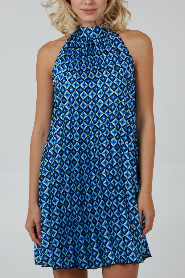 Qed London Halterneck Sleeveless Pleated Geometric Satin Dress
