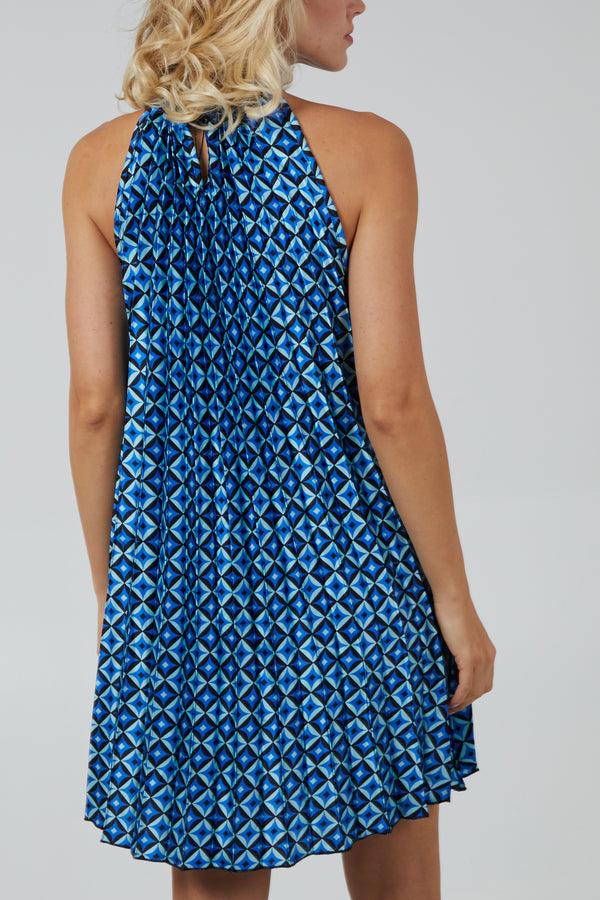Qed London Halterneck Sleeveless Pleated Geometric Satin Dress