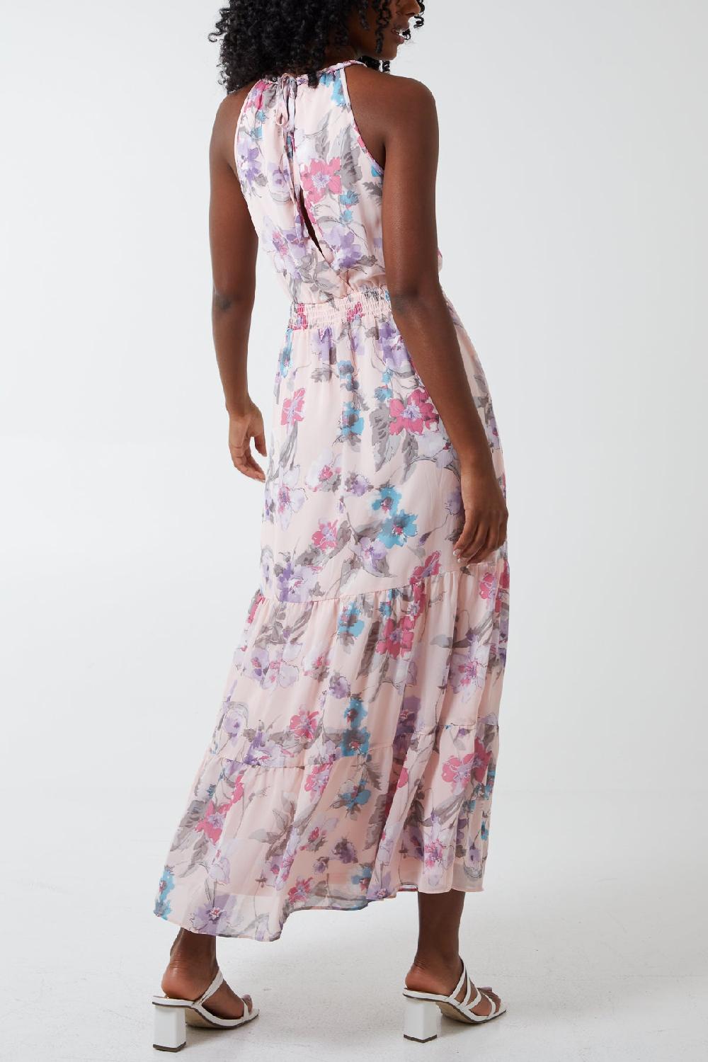 Qed London Halterneck Tiered Floral Shirred Waist Dress