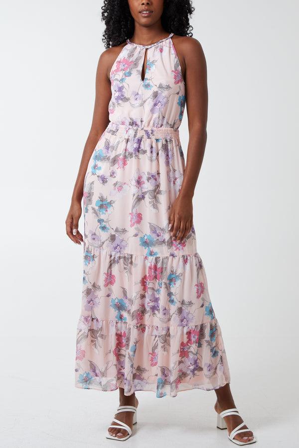 qed london Halterneck Tiered Floral Shirred Waist Dress
