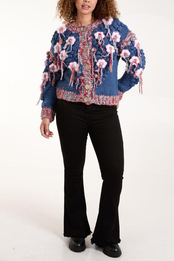 Qed London Handknitted Chunky Flower Knit Tassel Cardigan