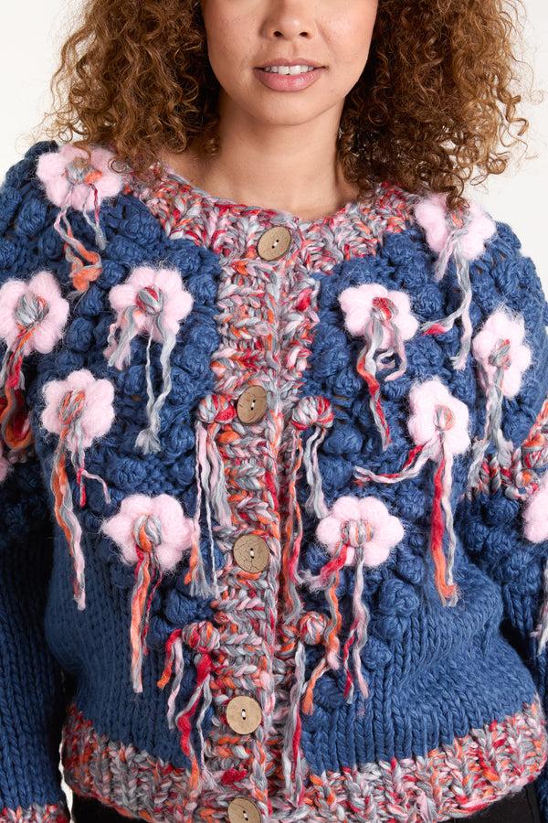 Qed London Handknitted Chunky Flower Knit Tassel Cardigan