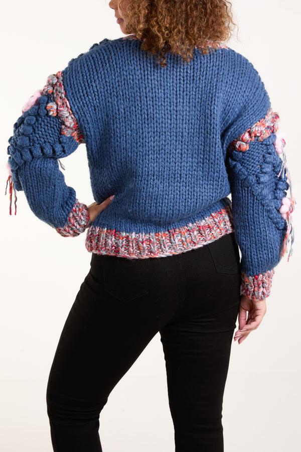 Qed London Handknitted Chunky Flower Knit Tassel Cardigan