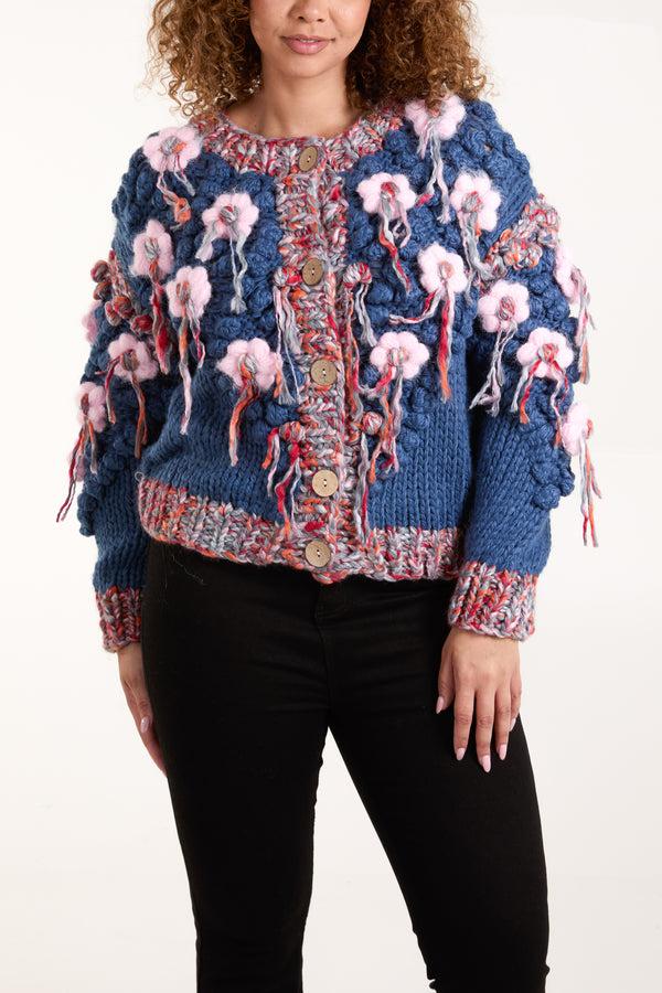qed london Handknitted Chunky Flower Knit Tassel Cardigan