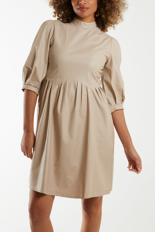 Qed London High Neck Puff Sleeve Faux Leather Dress
