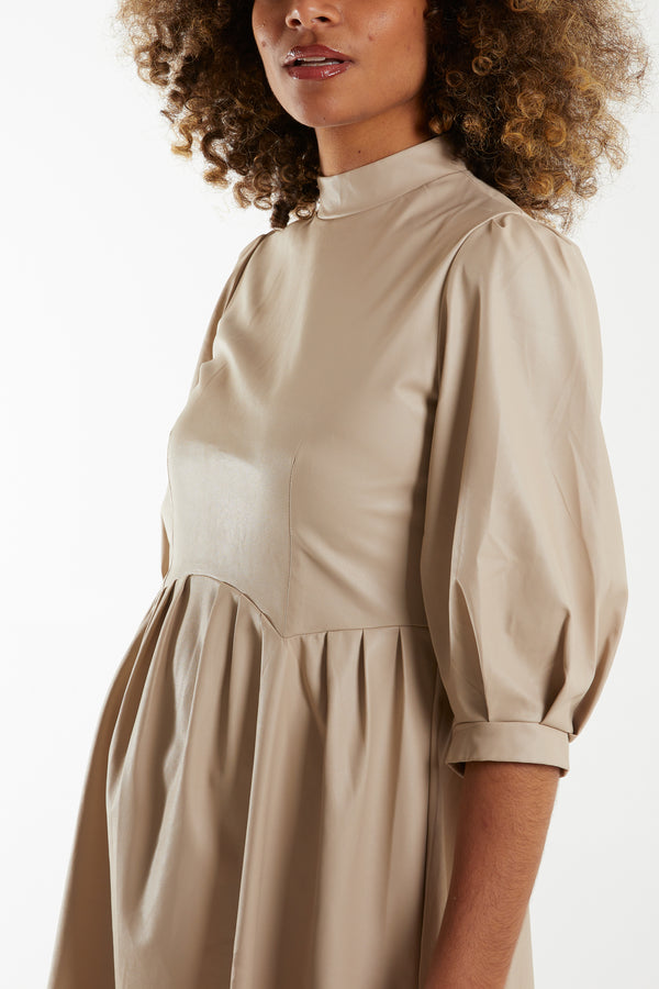 Qed London High Neck Puff Sleeve Faux Leather Dress