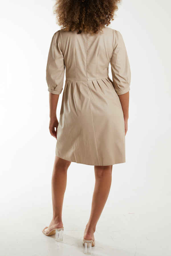 Qed London High Neck Puff Sleeve Faux Leather Dress