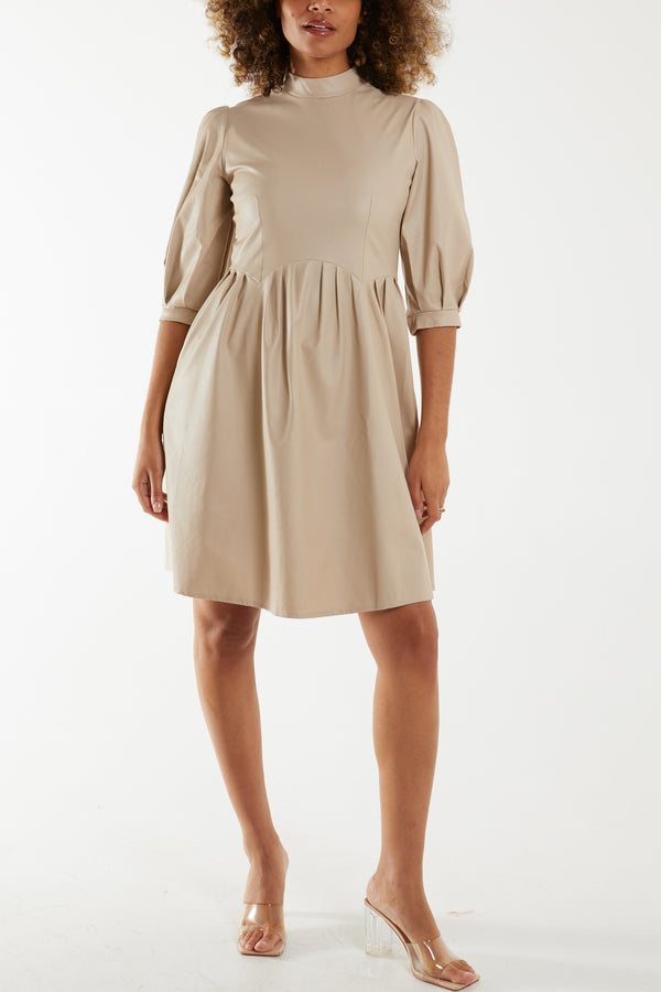 qed london High Neck Puff Sleeve Faux Leather Dress