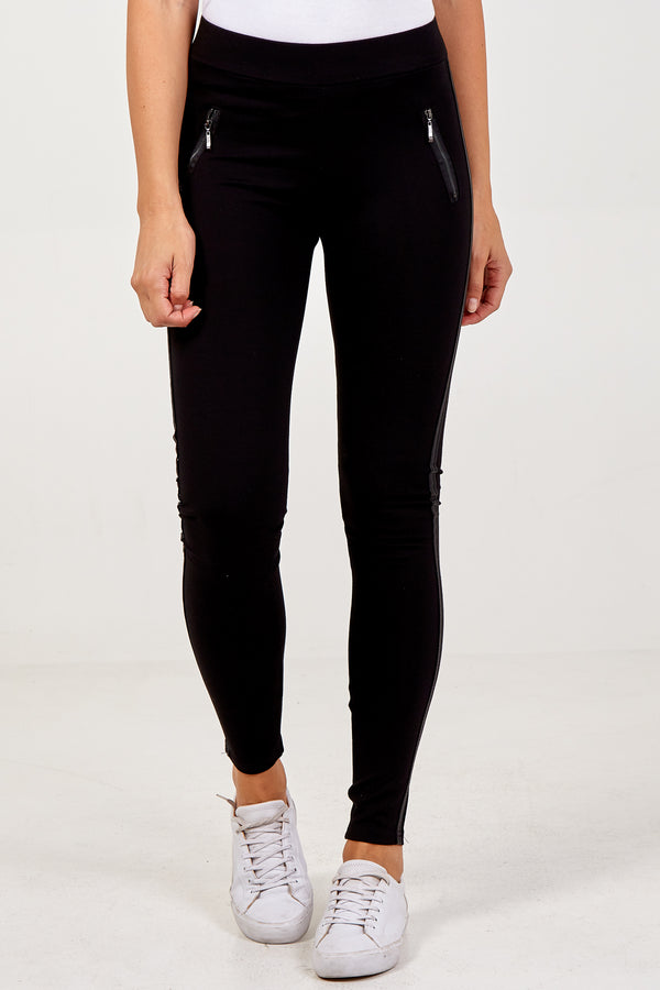 qed london High Waisted Zipped Pocket Legging PU Side Stripe