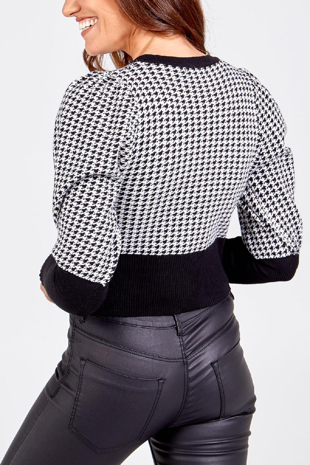 Qed London Houndstooth Puff Sleeve Button Up Cardigan