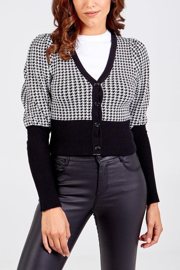 Qed London Houndstooth Puff Sleeve Button Up Cardigan