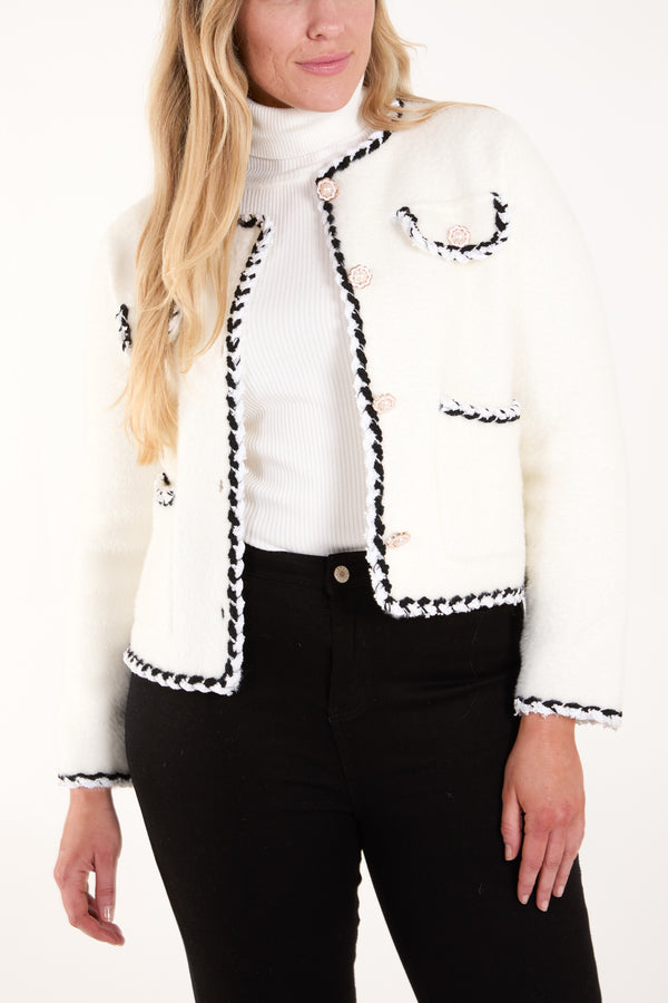 qed london Jewel Button Contrast Rope Trim Cardigan