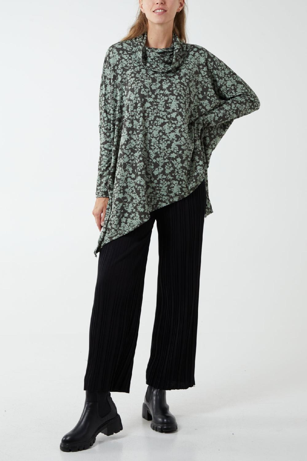 Qed London Kate Floral Print Roll Neck Asymmetric Oversized Top