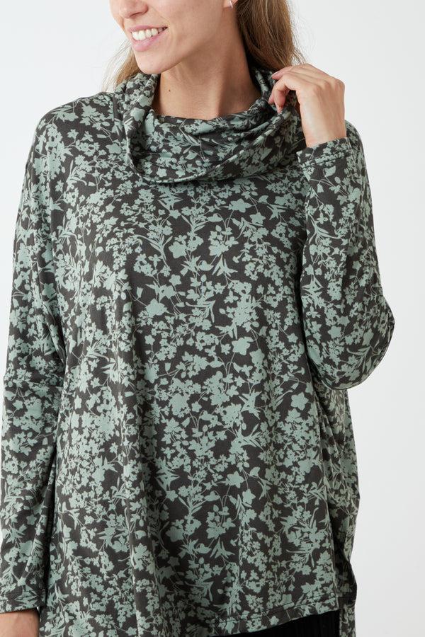 qed london Kate Floral Print Roll Neck Asymmetric Oversized Top