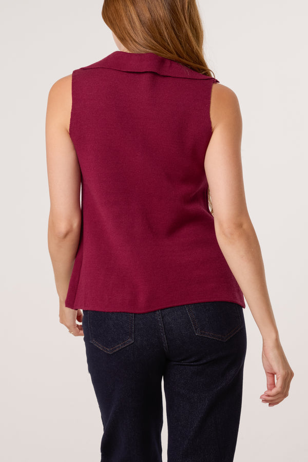 Qed London Lapel Collar Gold Button Knitted Waistcoat