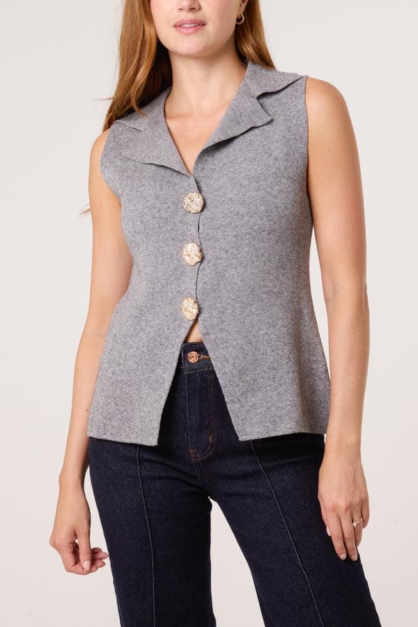 qed london Lapel Collar Gold Button Knitted Waistcoat