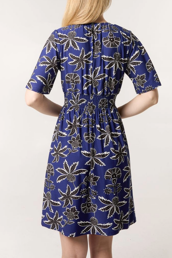 Qed London Leaf Print Shirred Waist V-Neck Mini Dress