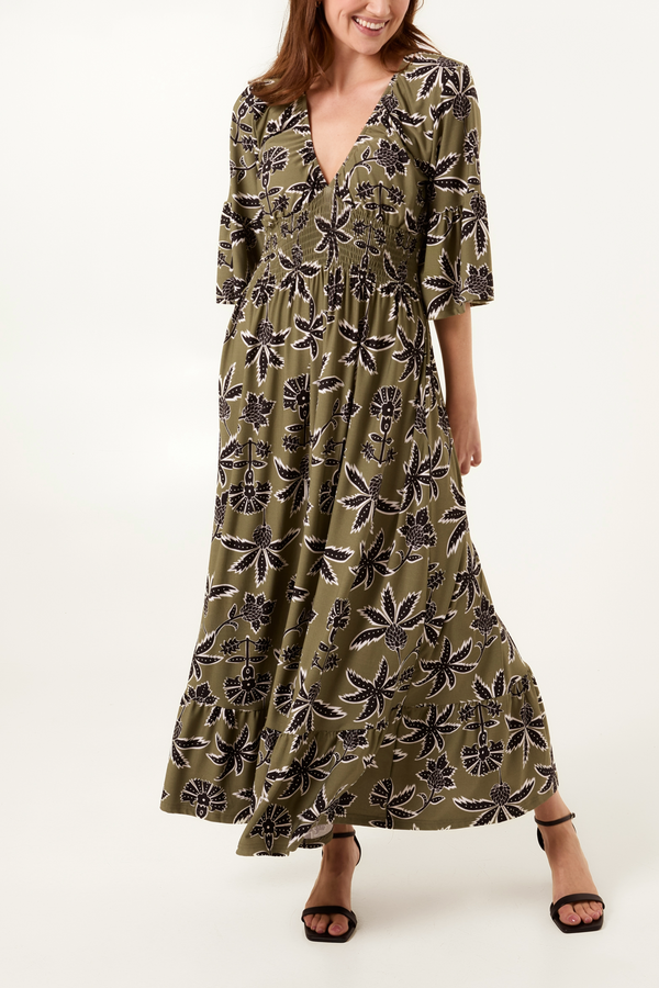Qed London Leaf Print V-Neck Shirred Waist Midi Dress