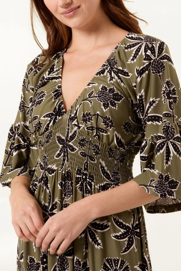 Qed London Leaf Print V-Neck Shirred Waist Midi Dress