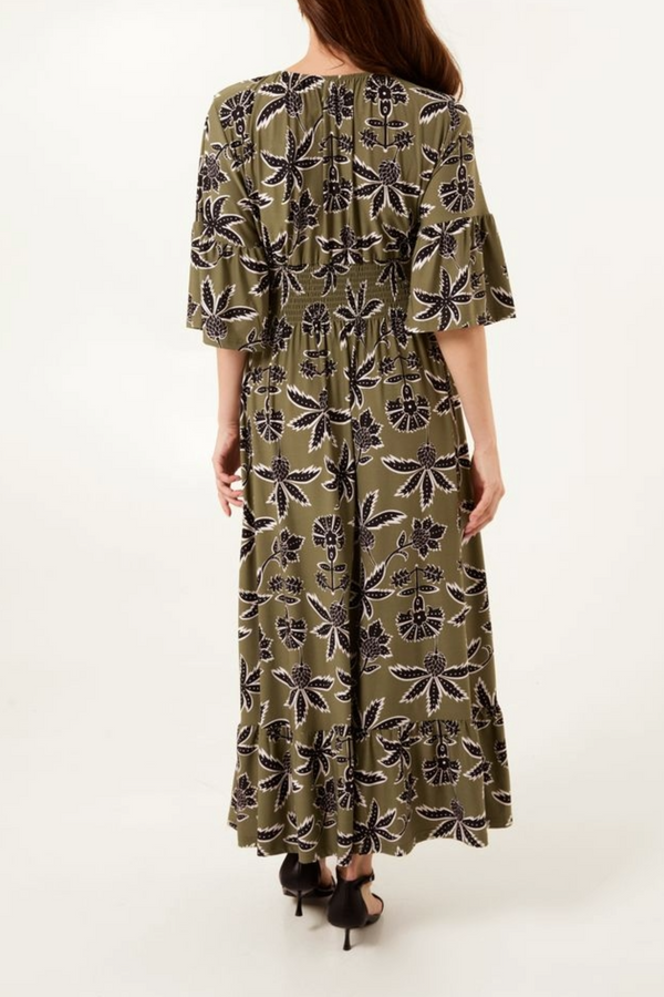 Qed London Leaf Print V-Neck Shirred Waist Midi Dress