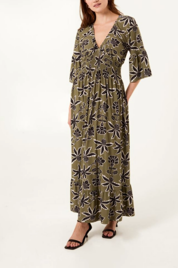 qed london Leaf Print V-Neck Shirred Waist Midi Dress