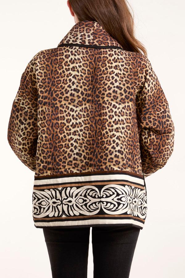 Qed London Leopard Print & Abstract Trim Padded Jacket