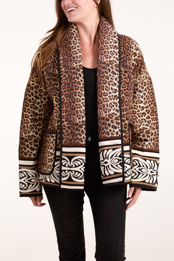 qed london Leopard Print & Abstract Trim Padded Jacket