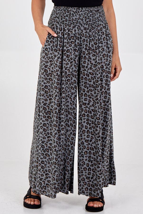 qed london Leopard Print Ruched Waist Wide Leg Trousers