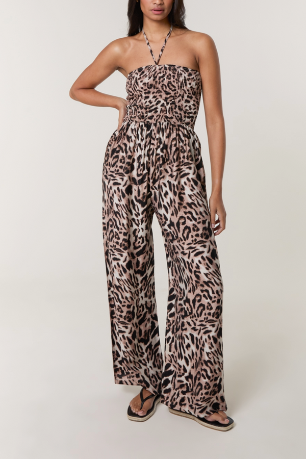 Qed London Leopard Print Shirred Bodice Halterneck Jumpsuit