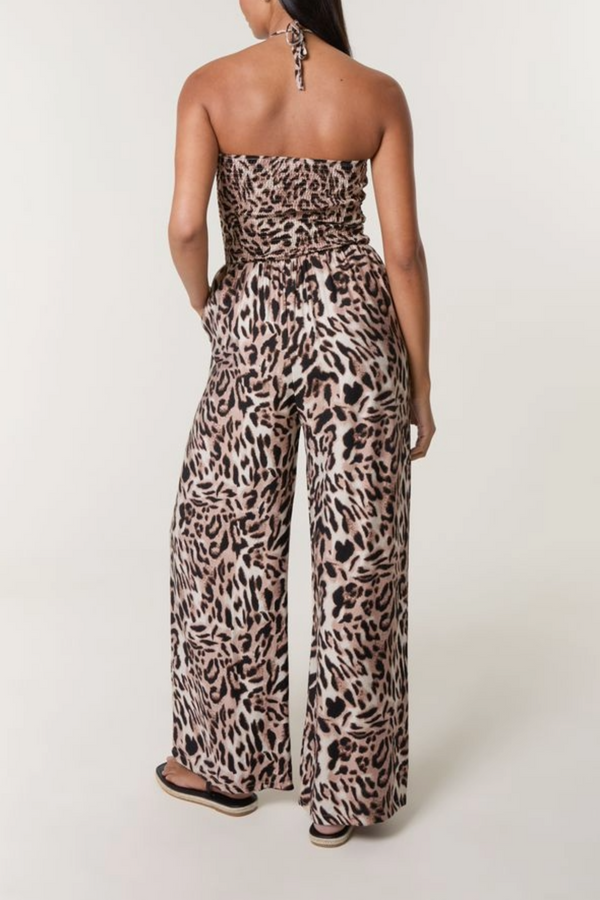 Qed London Leopard Print Shirred Bodice Halterneck Jumpsuit