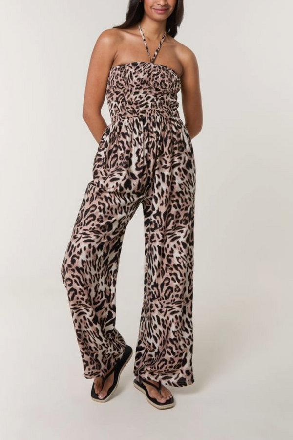 qed london Leopard Print Shirred Bodice Halterneck Jumpsuit