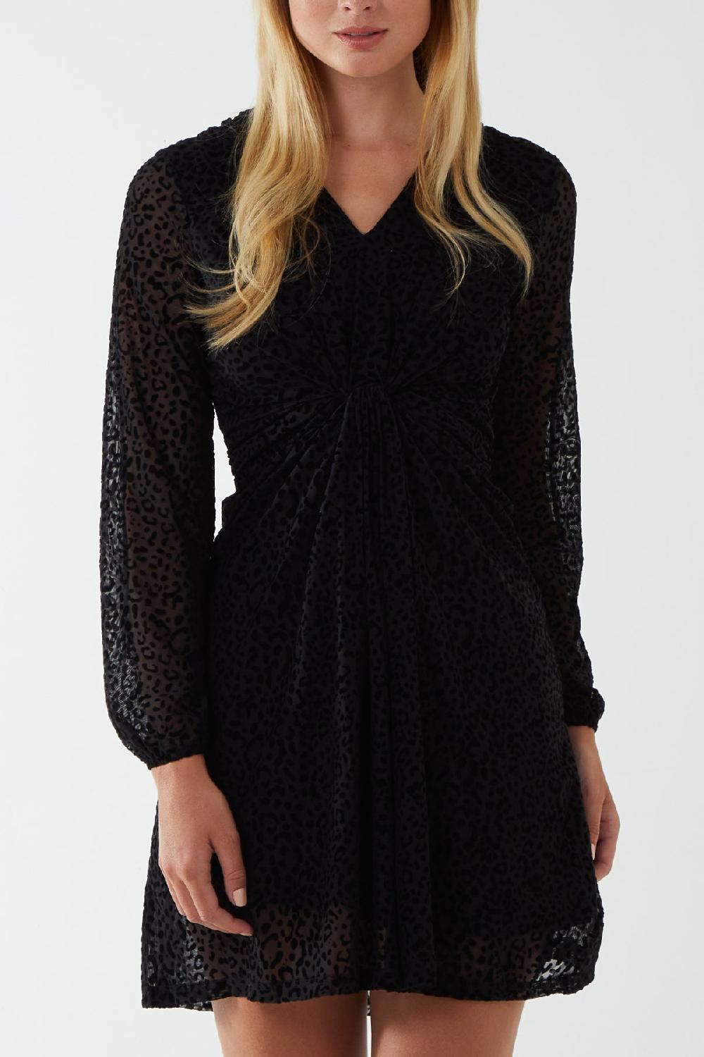 Qed London Leopard Velvet Flocking Knot Front Mini Dress