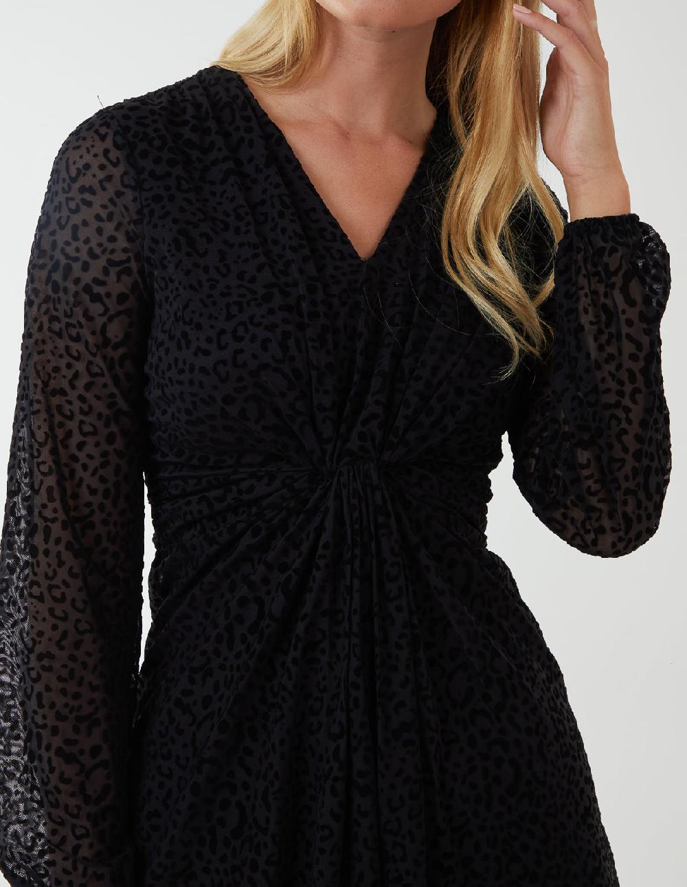 Qed London Leopard Velvet Flocking Knot Front Mini Dress