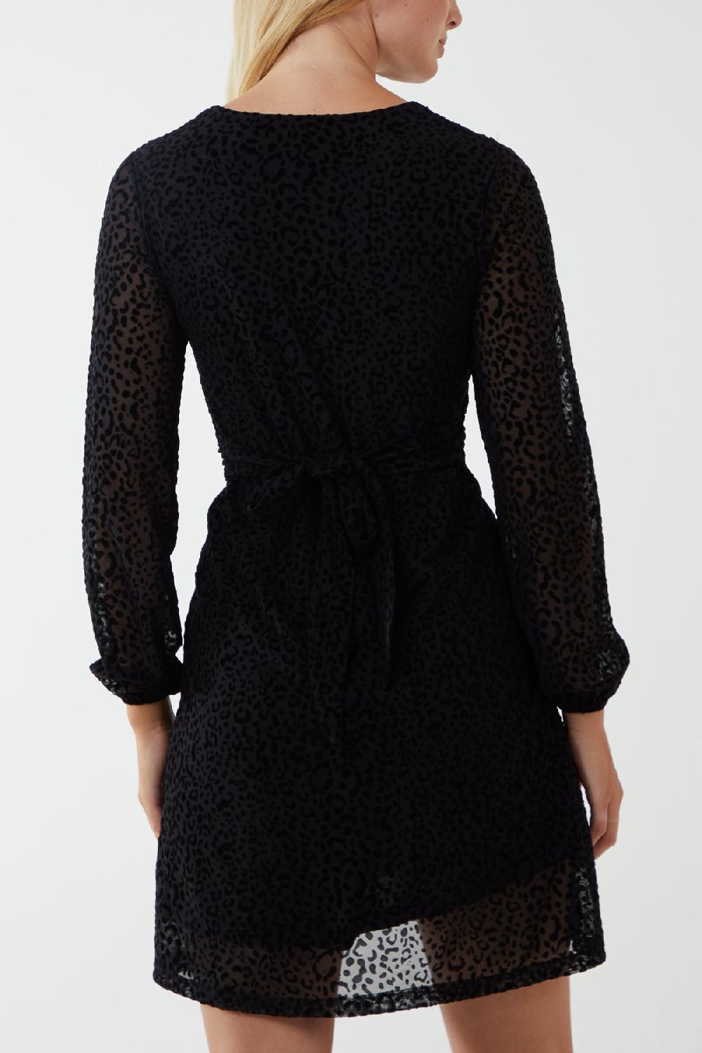 Qed London Leopard Velvet Flocking Knot Front Mini Dress