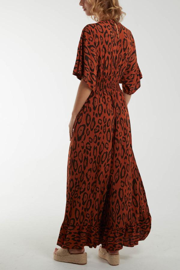 Qed London Leopard Wrap Front Shirred Bodice Jumpsuit