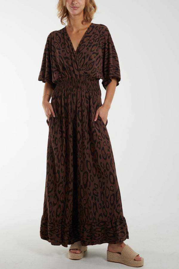 Qed London Leopard Wrap Front Shirred Bodice Jumpsuit