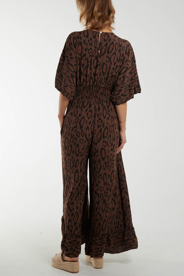 Qed London Leopard Wrap Front Shirred Bodice Jumpsuit