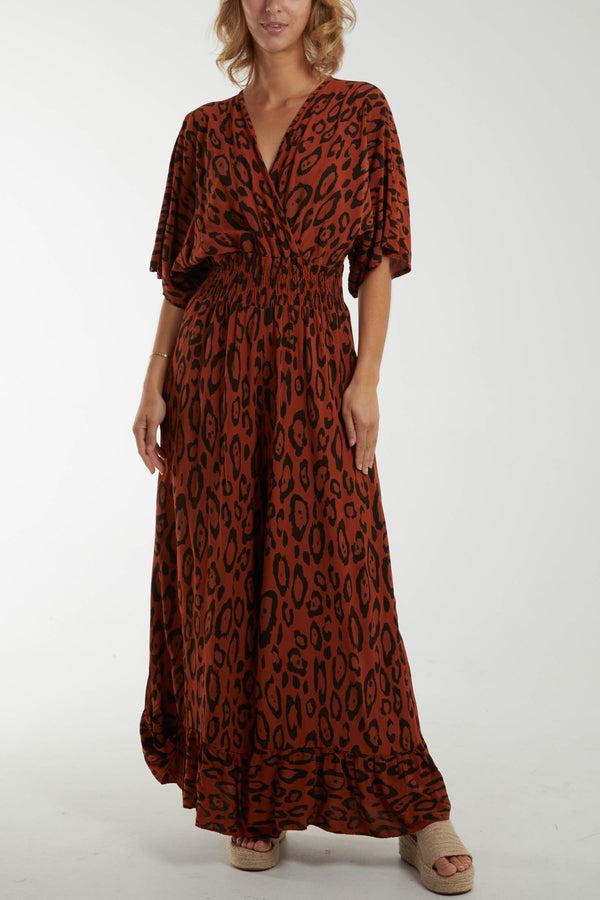 qed london Leopard Wrap Front Shirred Bodice Jumpsuit