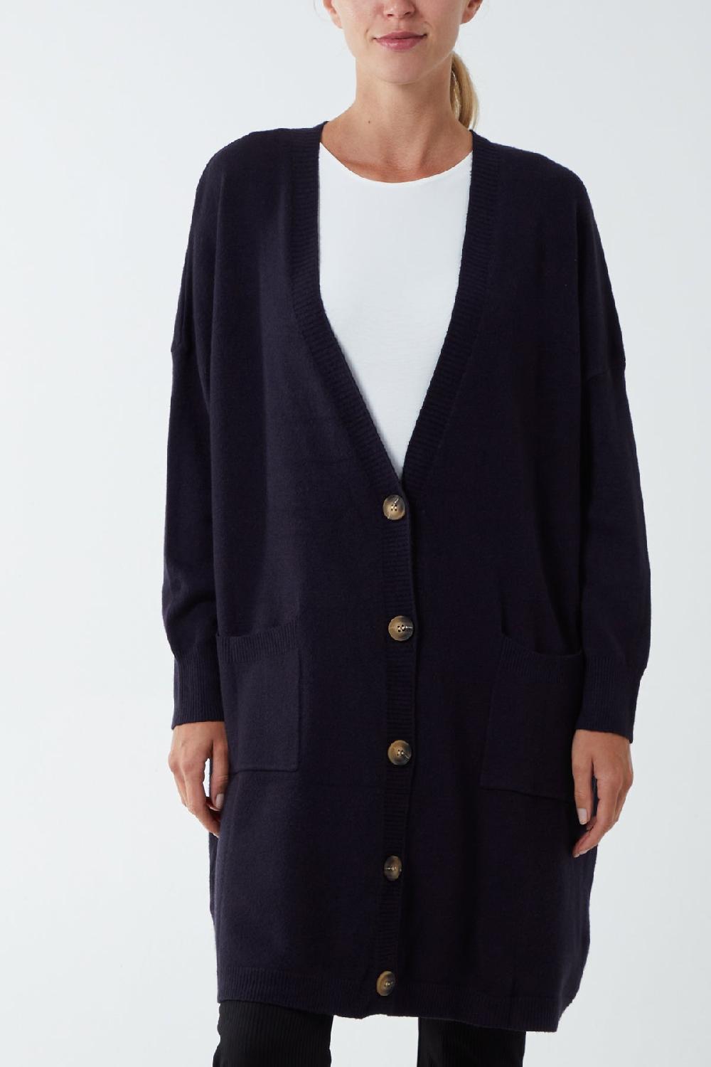 Qed London Longline Tortoiseshell Button Pocket Cardigan