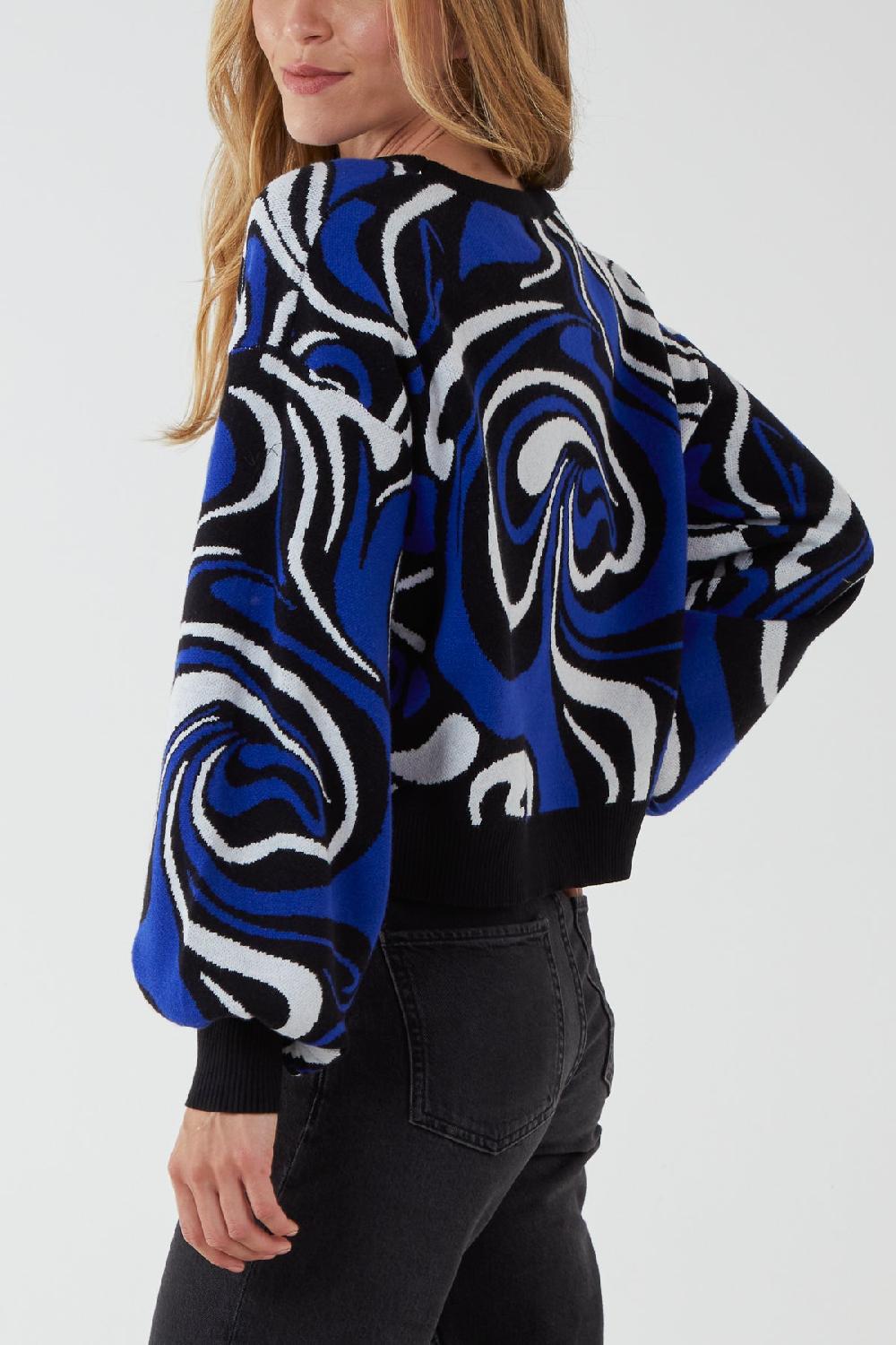 Qed London Marble Pattern Jacquard Balloon Sleeve Jumper