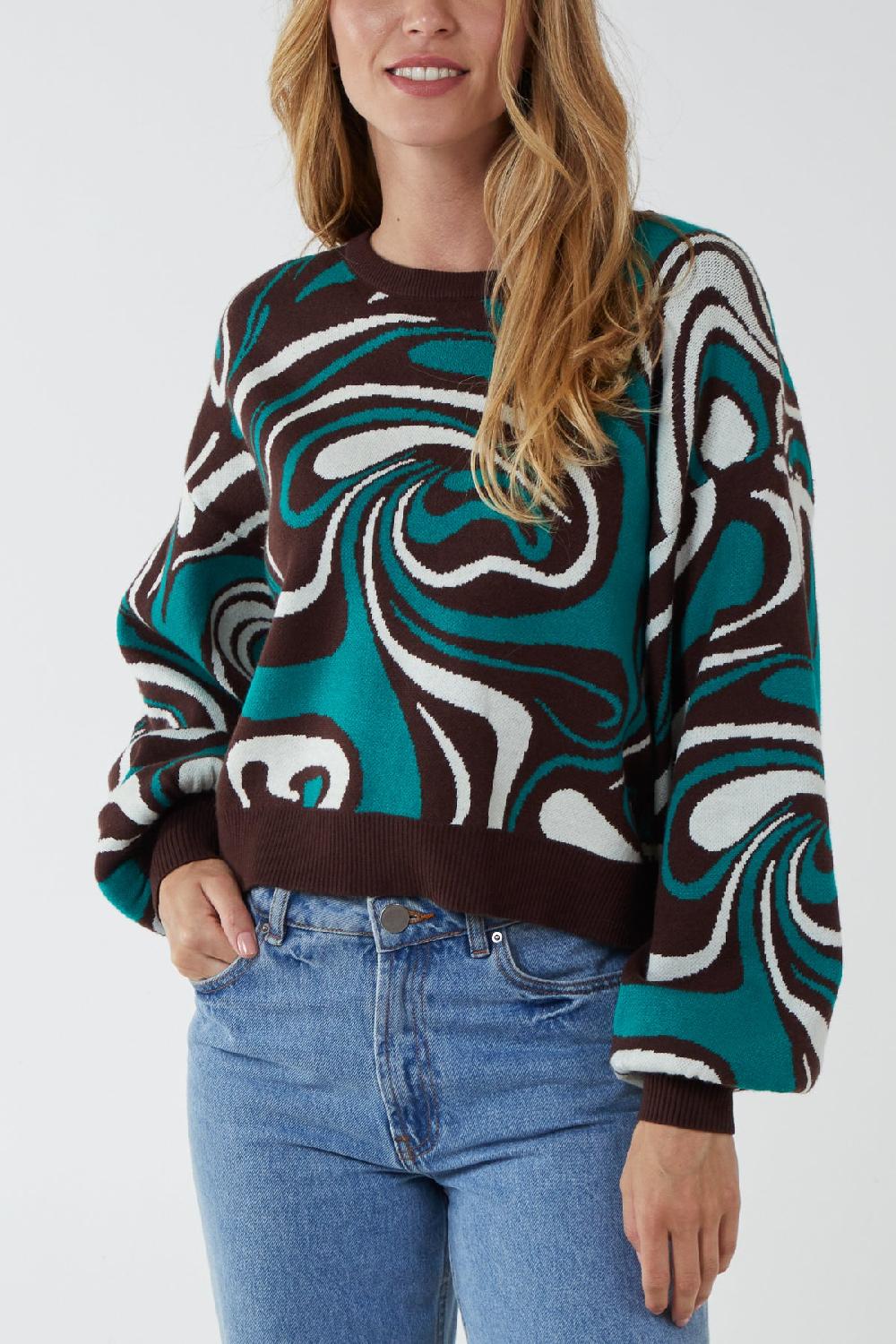 Qed London Marble Pattern Jacquard Balloon Sleeve Jumper