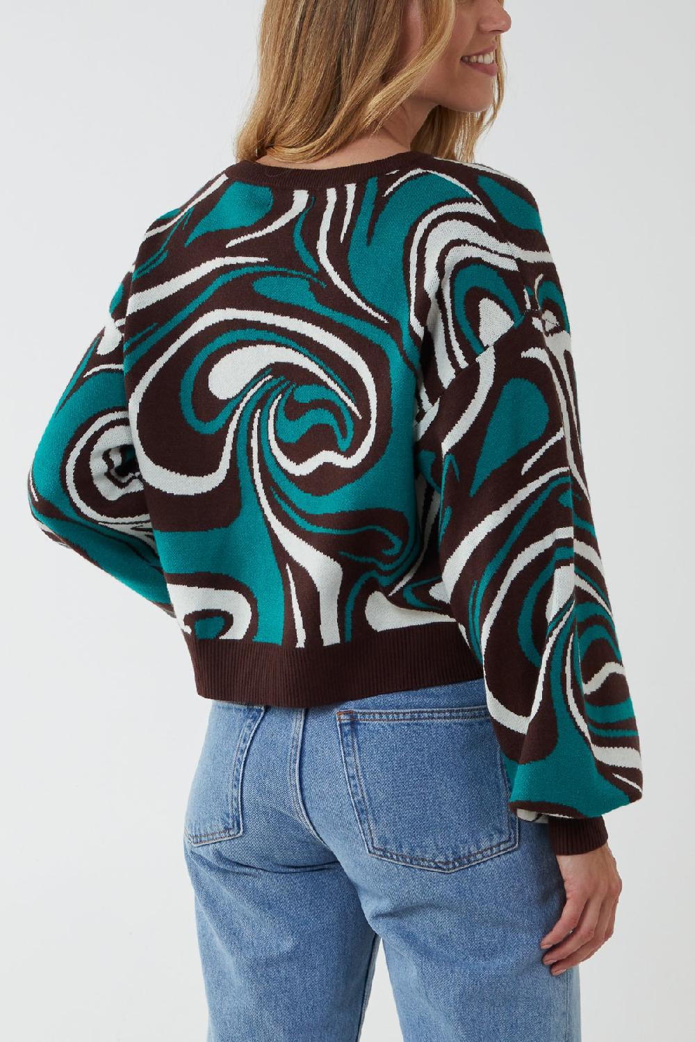 Qed London Marble Pattern Jacquard Balloon Sleeve Jumper