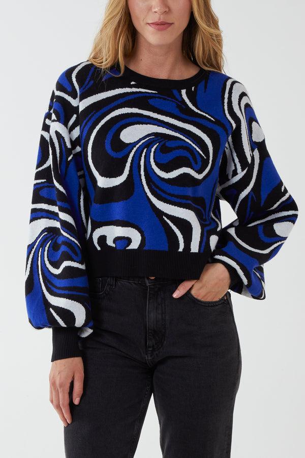 qed london Marble Pattern Jacquard Balloon Sleeve Jumper