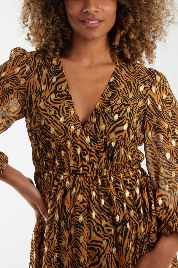 Qed London Metallic Animal Print Shirred Waist Maxi Dress