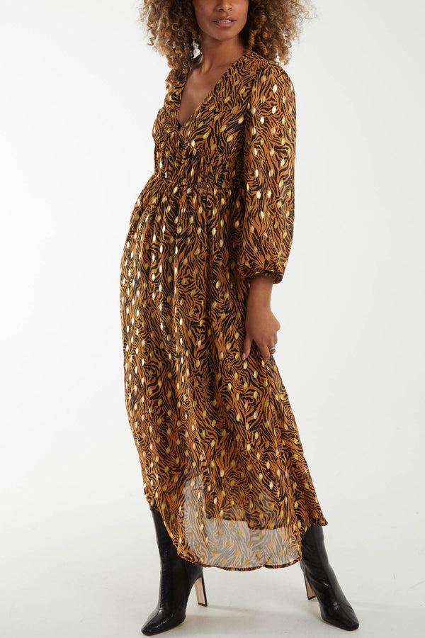 Qed London Metallic Animal Print Shirred Waist Maxi Dress