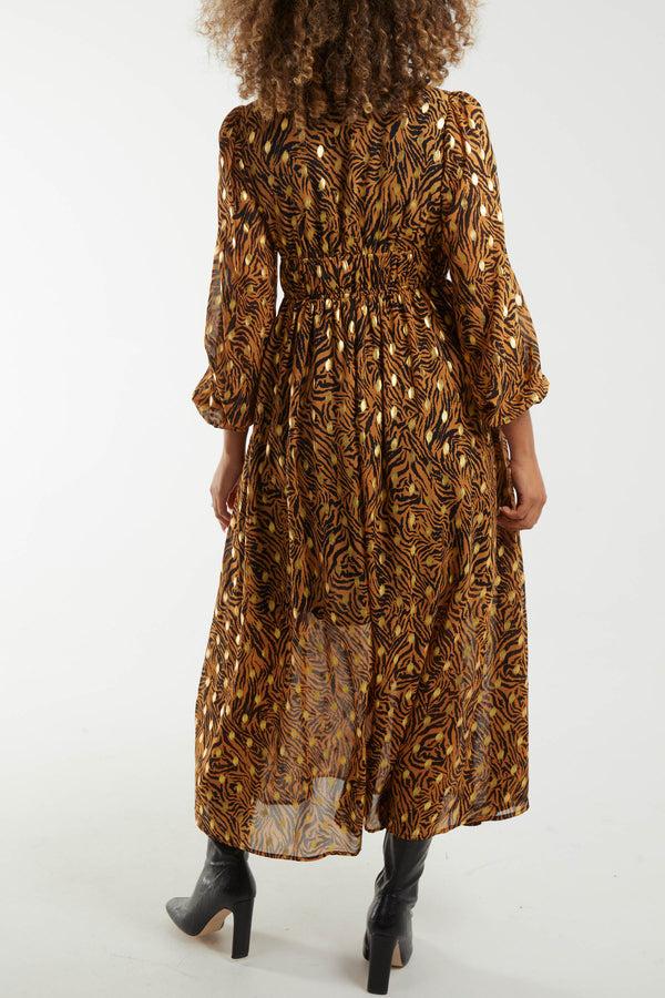 Qed London Metallic Animal Print Shirred Waist Maxi Dress